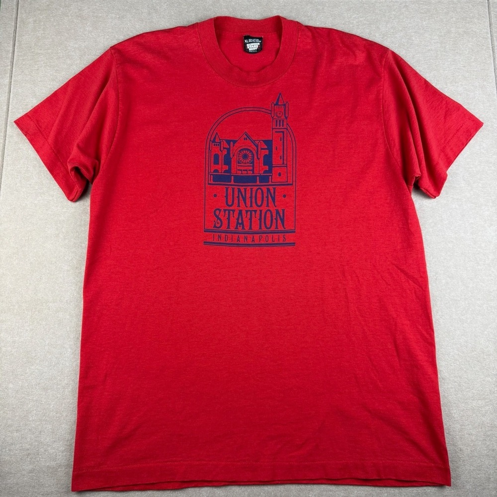 Vintage Screen Stars Shirt Mens XL Red Union Station Indy USA Single Stitch Tee